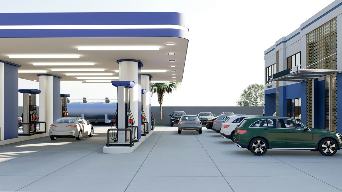 Gas station forecourt — context for XEYAR battery-buffered EV fast charging deployment at fuel retail sites