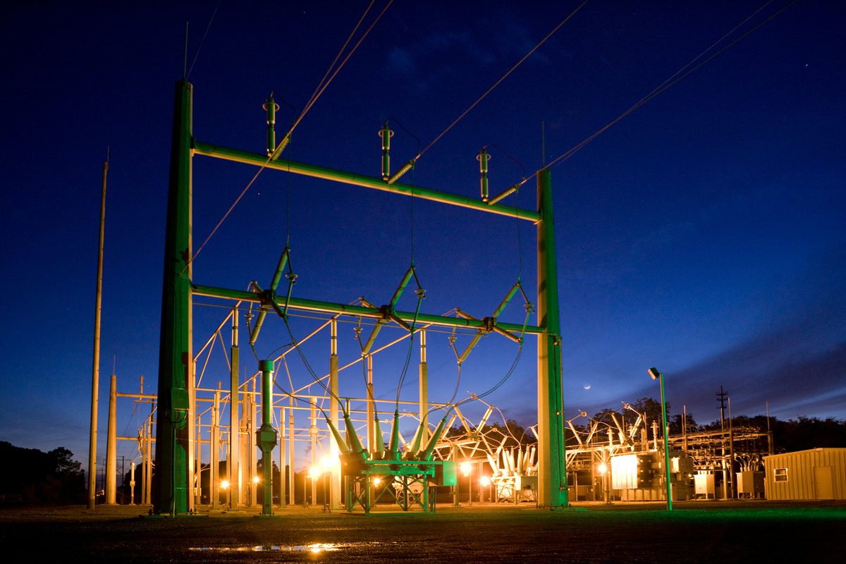 Electrical substation at dusk — context for XEYAR LEVIATHAN grid-scale energy storage